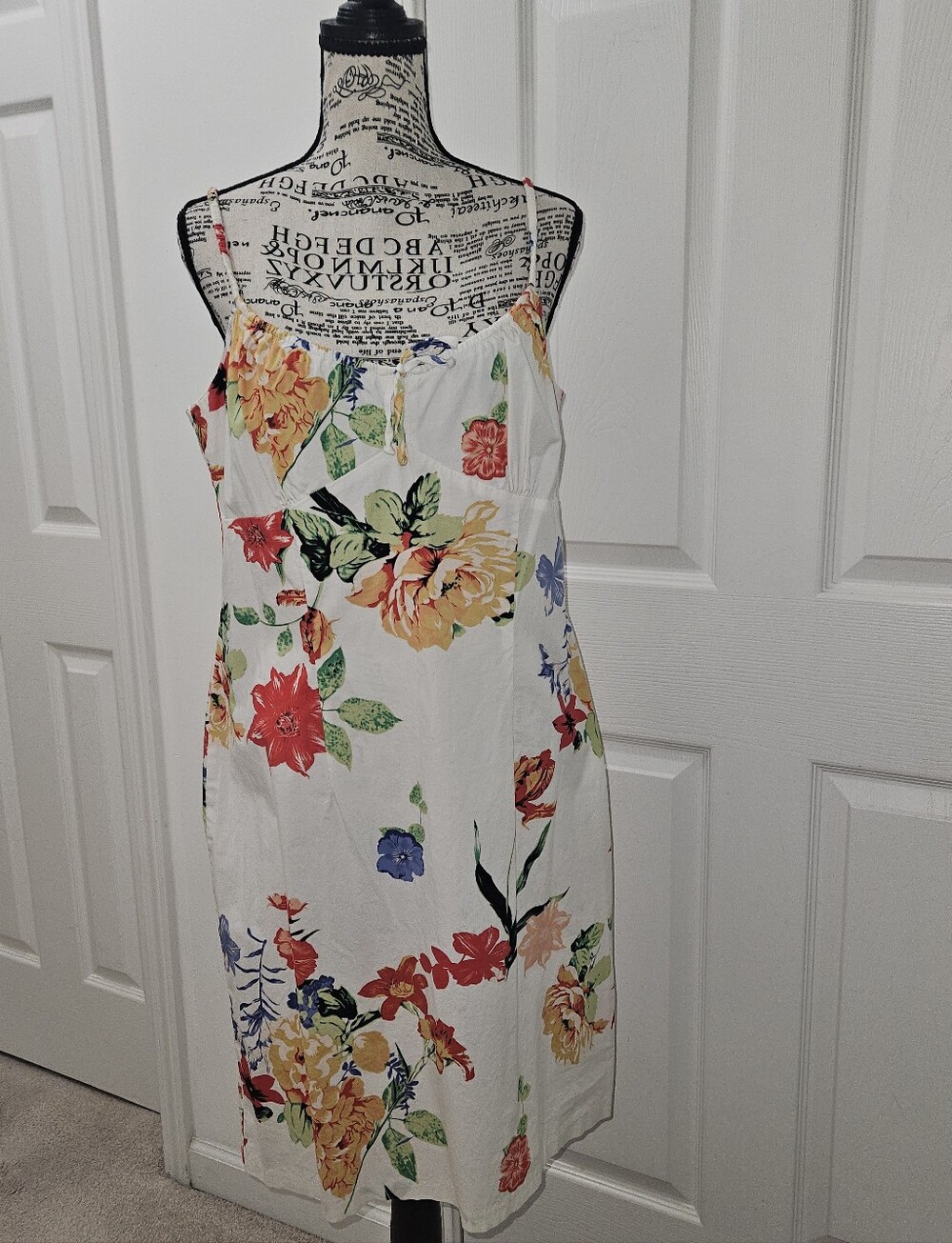 CDC White Floral Midi Slip Dress with Red, Yellow, Blue & Green Blooms